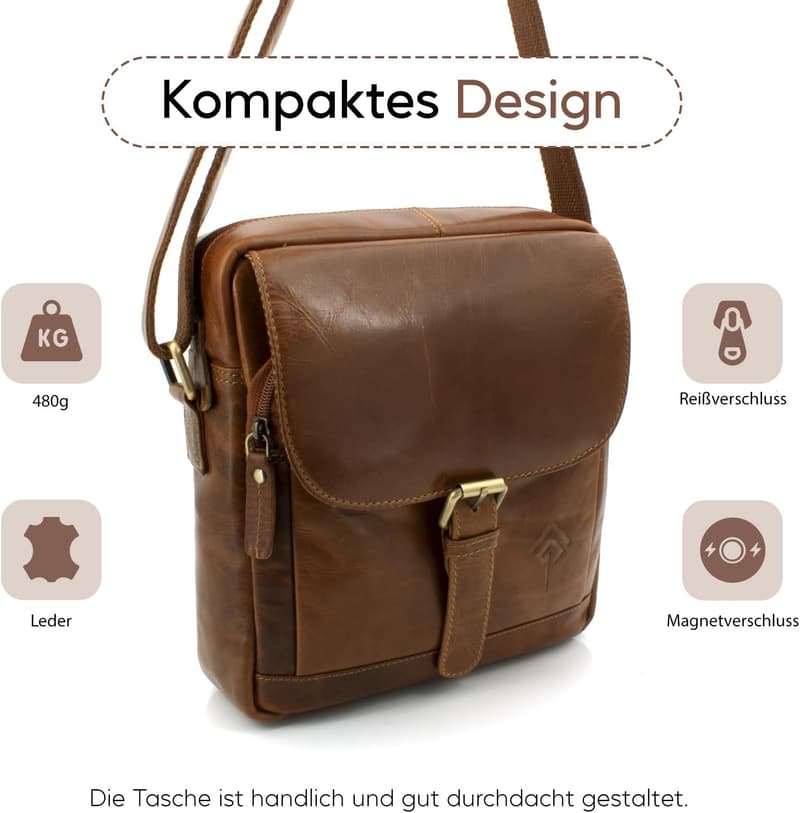 Echtleder Umhängetasche für Herren - Vintage Messenger Bag mit Magnetverschluss