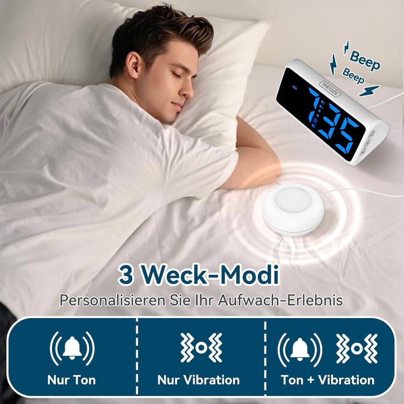 Lauter Vibrationswecker mit Doppelalarm und RGB-Anzeige für Gehörlose
