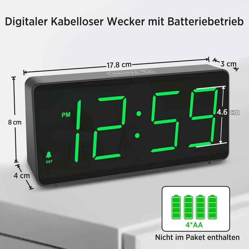 Digitaler Wecker mit LED-Display, batteriebetrieben, regelbare Helligkeit und Lautstärke