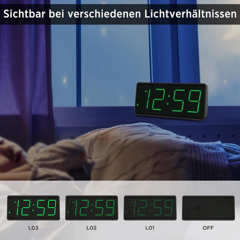 Digitaler Wecker mit LED-Display, batteriebetrieben, regelbare Helligkeit und Lautstärke