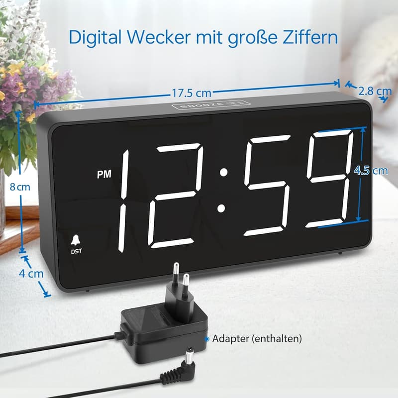 LED Wecker mit großen Zahlen und Ladestation, dimmbar, 12/24HR