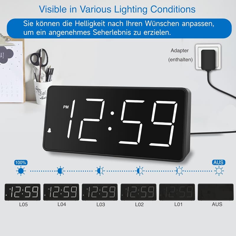 LED Wecker mit großen Zahlen und Ladestation, dimmbar, 12/24HR