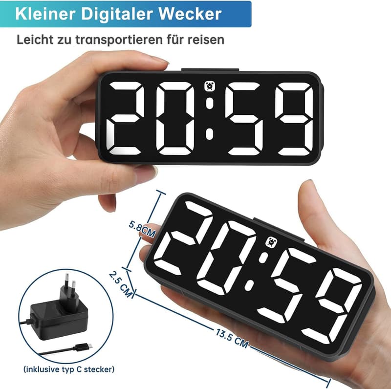 Digitaler Wecker für Kinder – Tickfrei, einstellbare Lautstärke & Helligkeit, Snooze-Funktion, 12/24 Stunden (Weiß)
