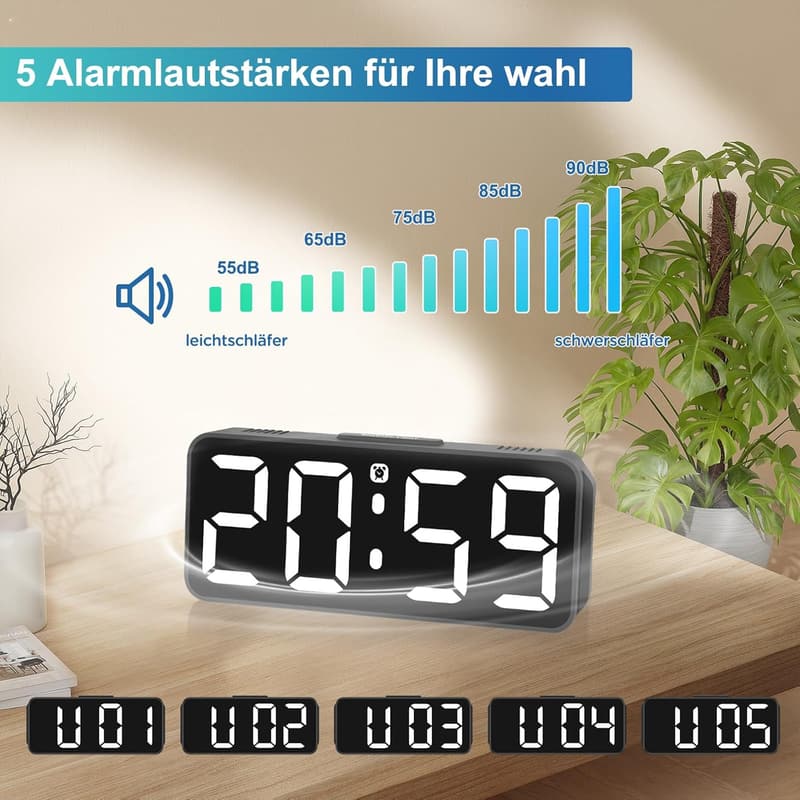 Digitaler Wecker für Kinder – Tickfrei, einstellbare Lautstärke & Helligkeit, Snooze-Funktion, 12/24 Stunden (Weiß)