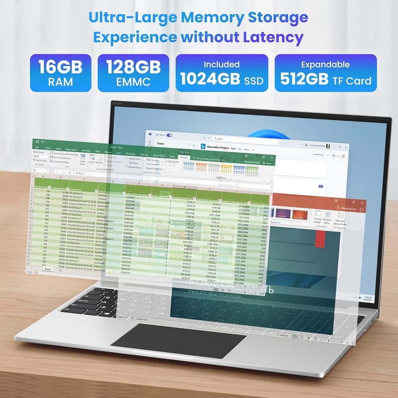 Leichter 16 Zoll Laptop für Unternehmen und Studenten, 16GB RAM, 1TB SSD