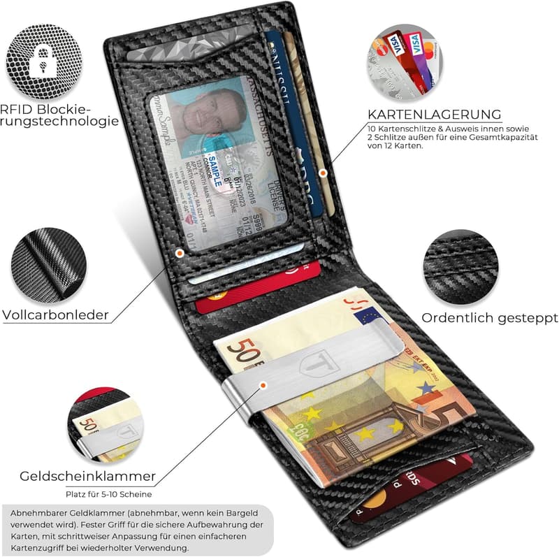 Slim Wallet für Herren aus Kohlefaserleder mit RFID-Blockierung - Schwarz
