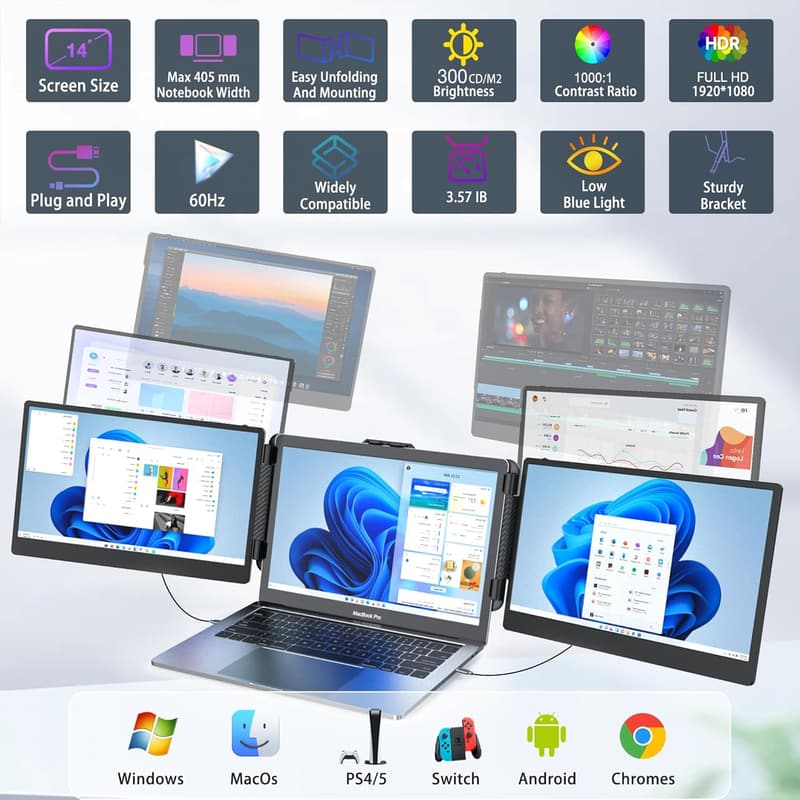 Tragbarer 14 Zoll FHD Monitor für Laptop – Plug & Play, kompatibel mit Windows/Mac