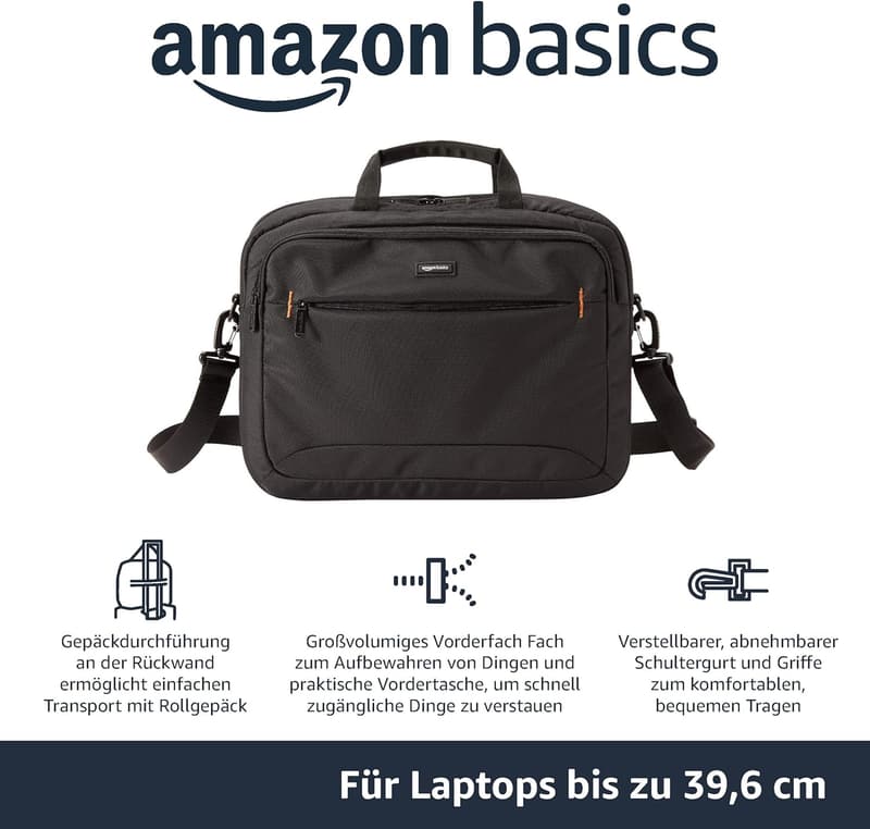 Kompakte Laptoptasche bis 15,6 Zoll mit Zubehörfächern, Schwarz