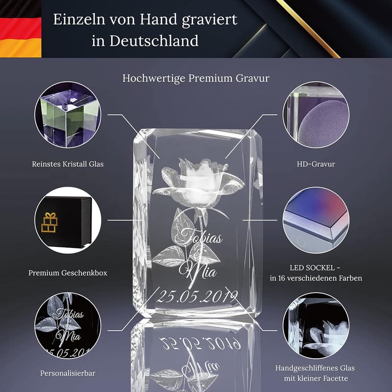 Personalisierte 3D-Rose im Glas mit Gravur für Paare