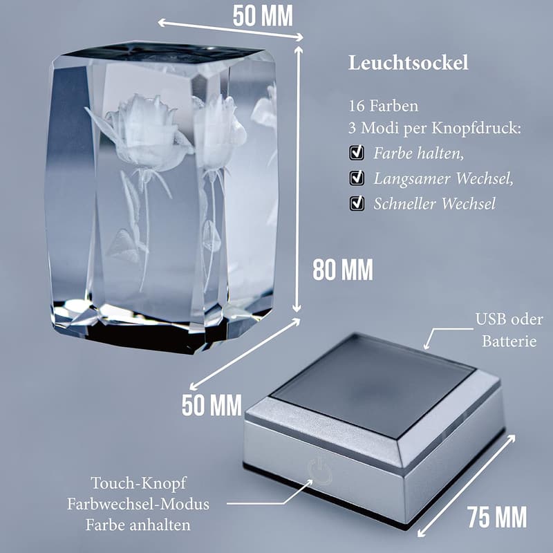 Personalisierte 3D-Rose im Glas mit Gravur für Paare