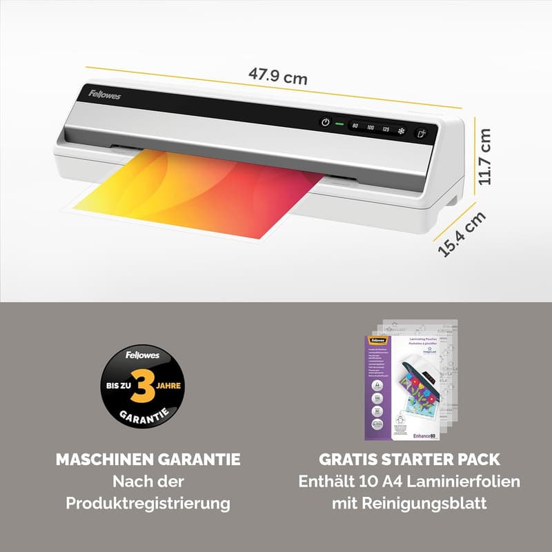 Fellowes Saturn A4 Laminiergerät für Büro & Zuhause – 60 Sek. Aufwärmzeit, Auto-Abschaltung, inkl. 10 Folien