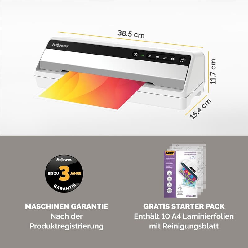 Fellowes Saturn A4 Laminiergerät für Büro und Zuhause – InstaHeat, 60 Sek. Aufwärmzeit, Auto-Abschaltung, inkl. 10 Folien