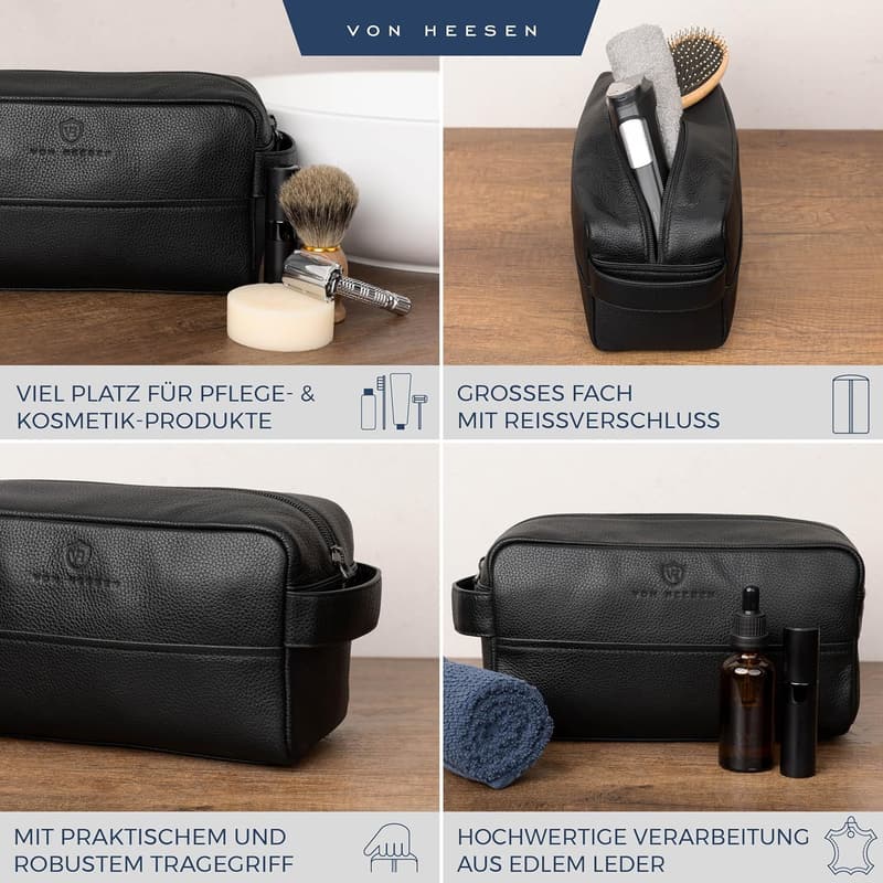 Echtleder Kulturbeutel für Herren und Damen – ideale Reisetasche schwarz