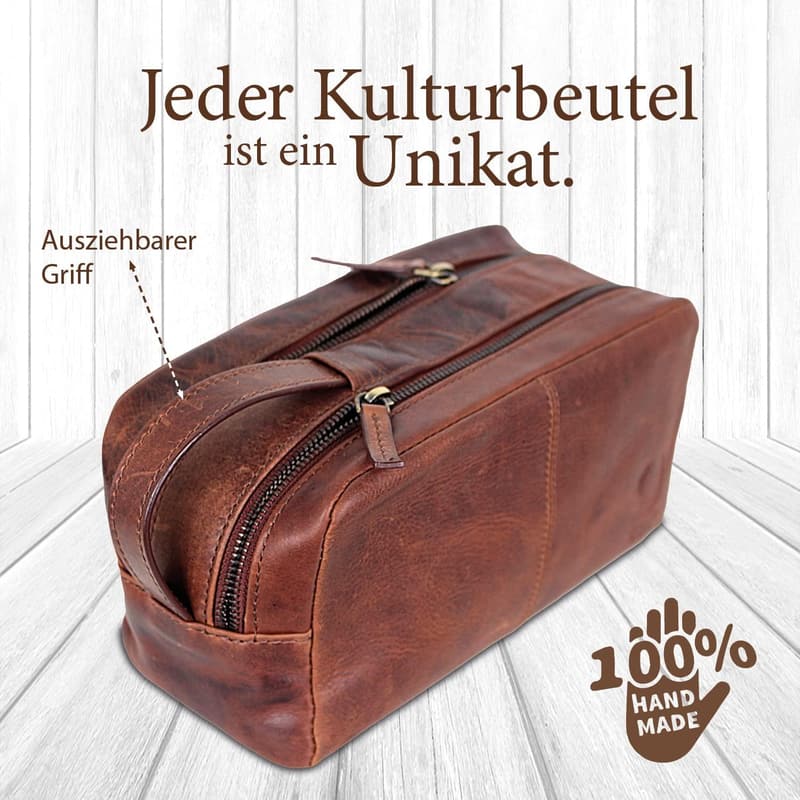 Herren Kulturbeutel aus echtem Leder mit ausziehbarem Tragegriff
