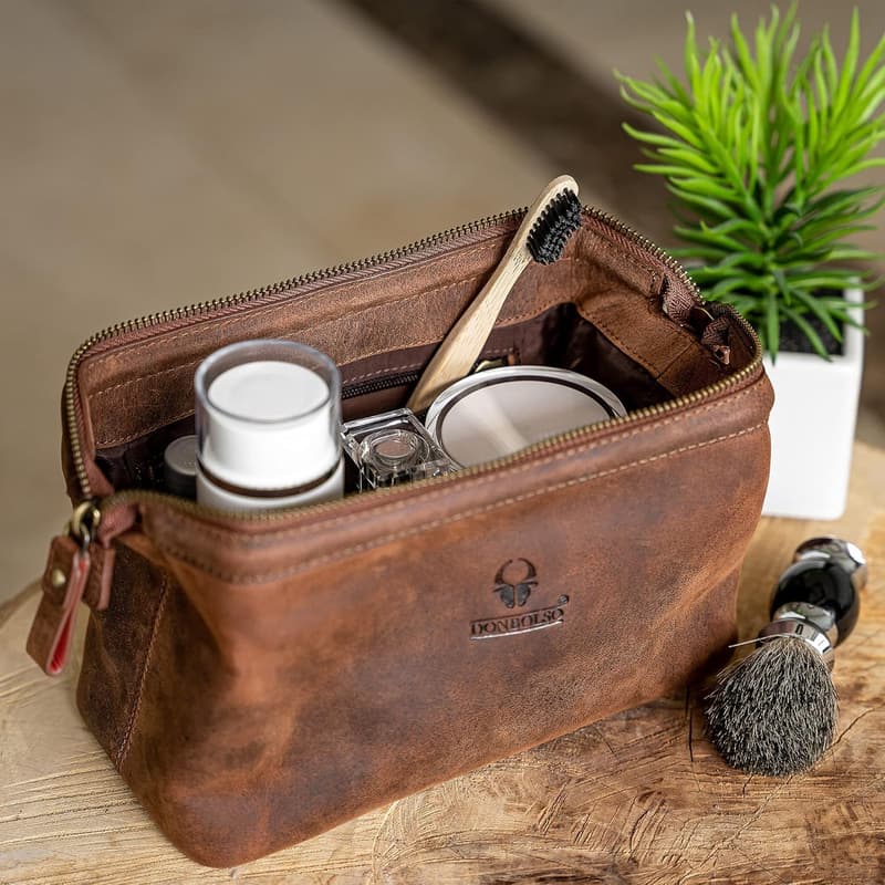 Kulturbeutel aus Leder Kopenhagen für Damen und Herren – hochwertig & robust (Braun Vintage)