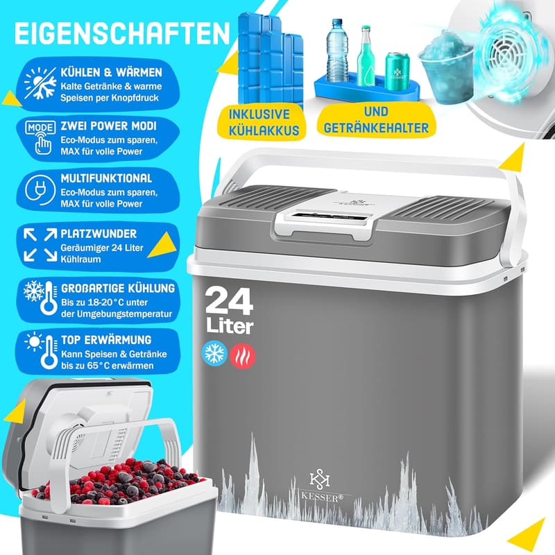 Kühlbox 24 Liter für Auto und Camping, thermoelektrisch, inkl. Kühlakkus