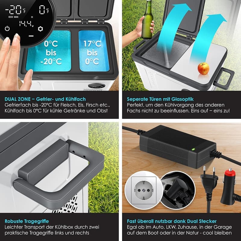 Kühlbox 2in1 für Camping – Elektrische Kühlung bis -20 °C, LED-Touch
