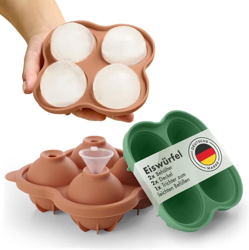 Silikon Eiskugelform XXL 2x4 mit Trichter - BPA-frei, 5 cm, Olivgrün & Mineralrot