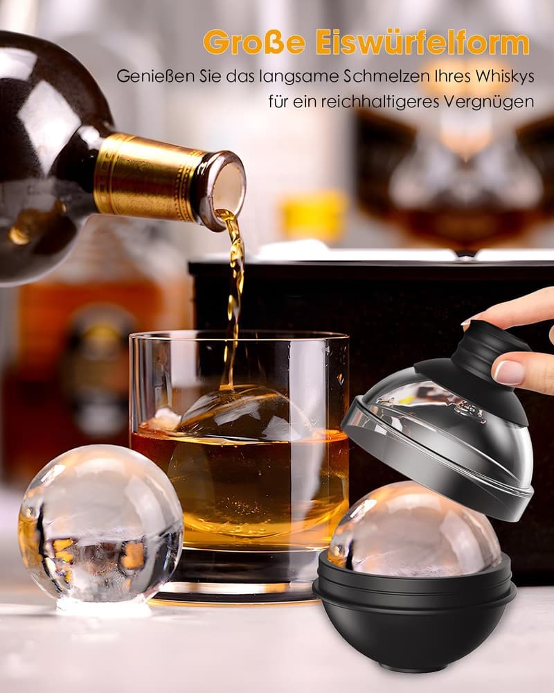 Silikon Eiskugelform XXL für Whiskey - Set mit 4 Stück und Trichterdecken