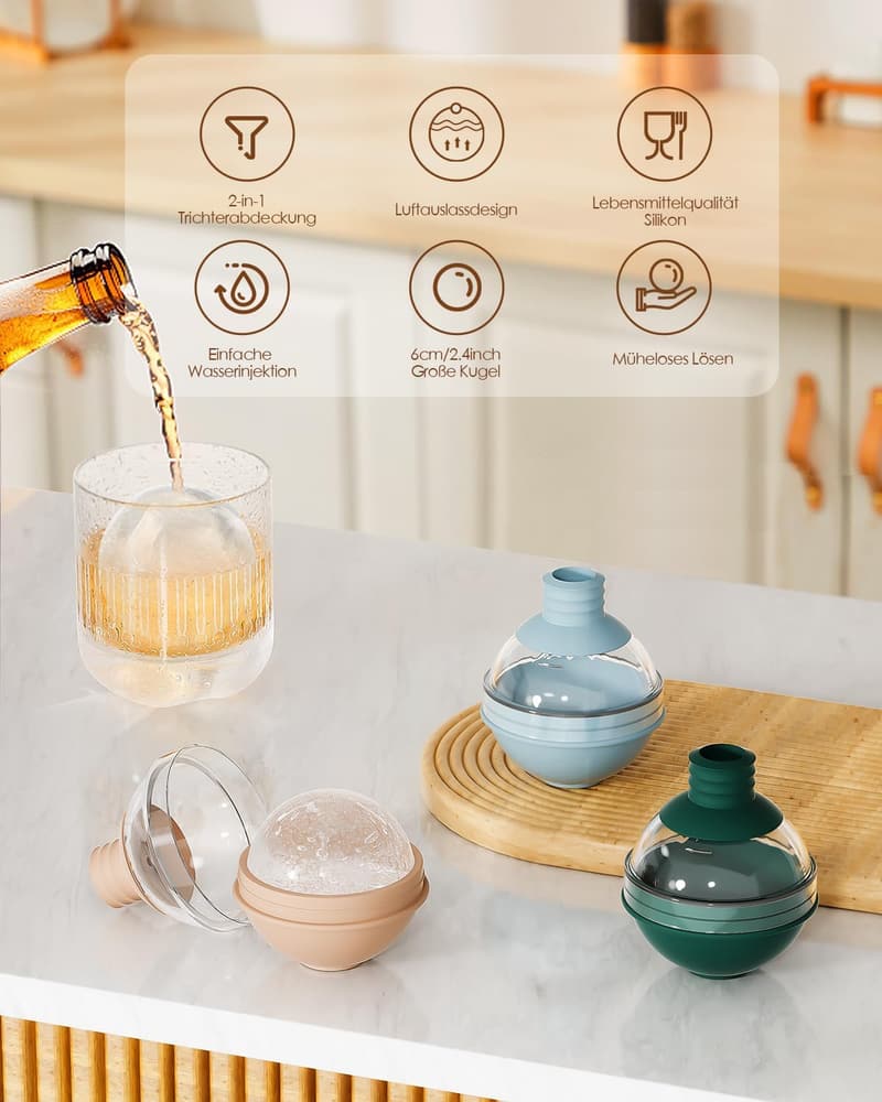 Große Silikon-Eiswürfelform mit Trichterdeckel - 4er Set für Drinks