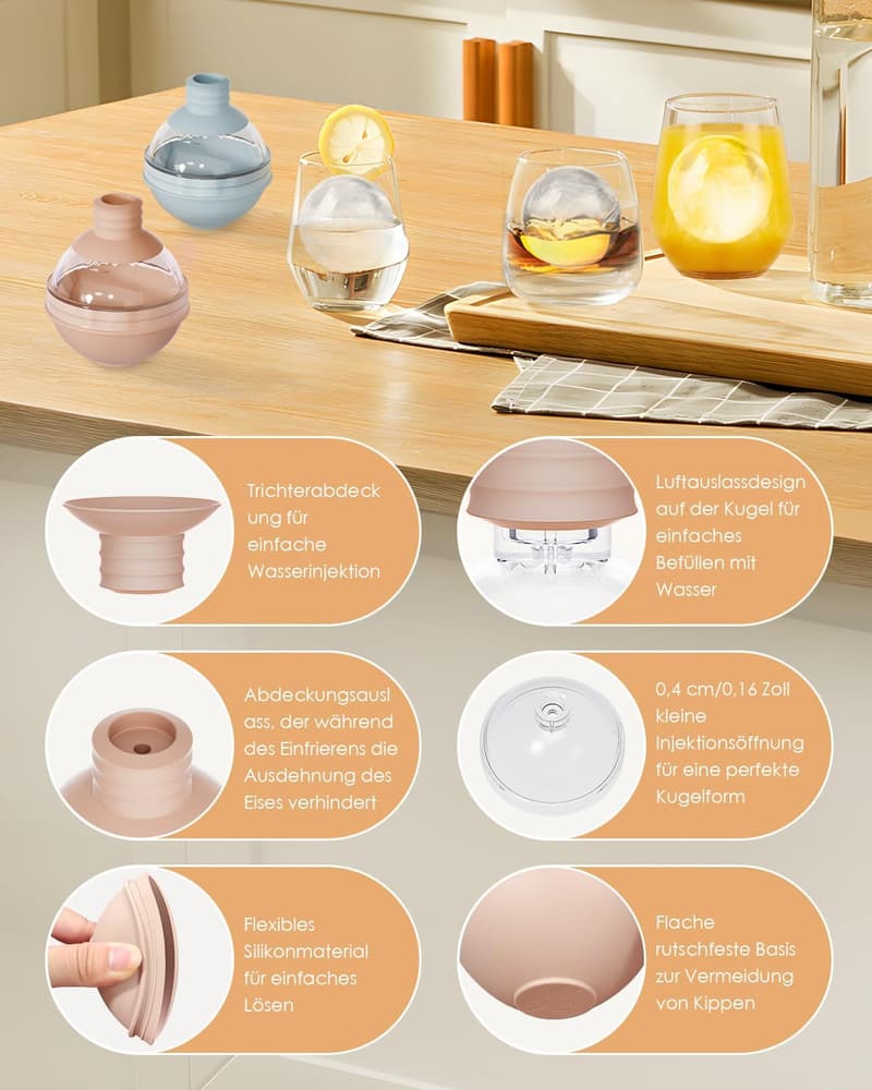 Große Silikon-Eiswürfelform mit Trichterdeckel - 4er Set für Drinks