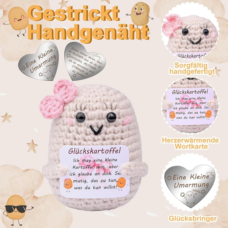 Positive Kartoffel Pocket Hug aus Strickwolle – Mutmacher Geschenk für Frauen