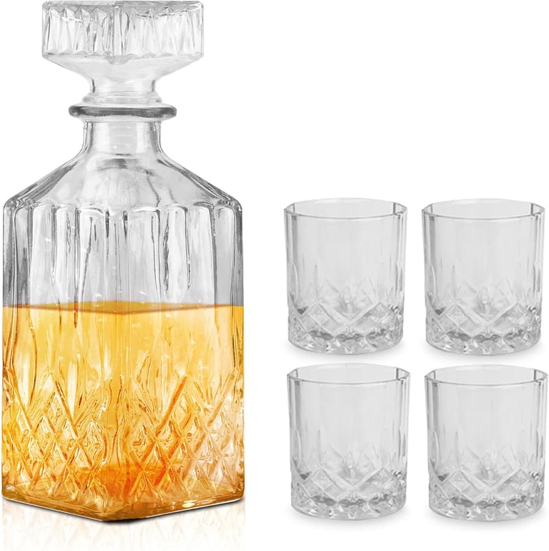Krollmann Whisky Karaffe 900 ml mit 4 Gläsern - Kristall-Dekanter für die Hausbar