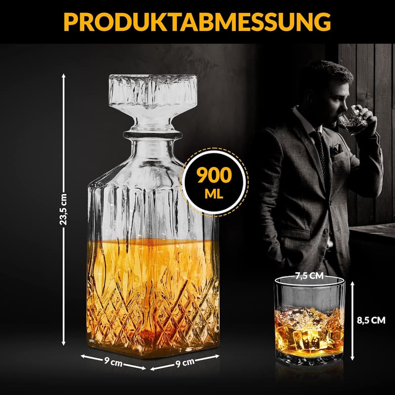 Krollmann Whisky Karaffe 900 ml mit 4 Gläsern - Kristall-Dekanter für die Hausbar