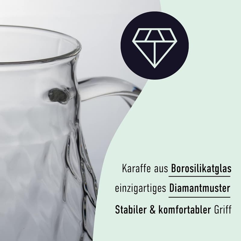Glaskaraffe mit Rautenmuster und Deckel für 2 Liter Getränke