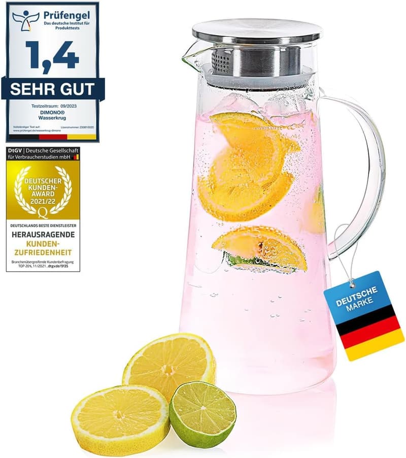 Glaskrug mit Edelstahlfilter 1,5 Liter – für heiße und kalte Getränke