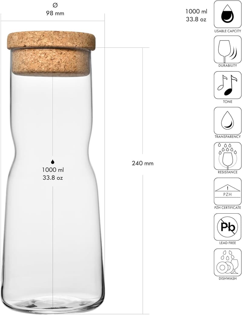 Glas-Wasserkaraffe mit Naturkork, 1000ml – Spülmaschinenfest