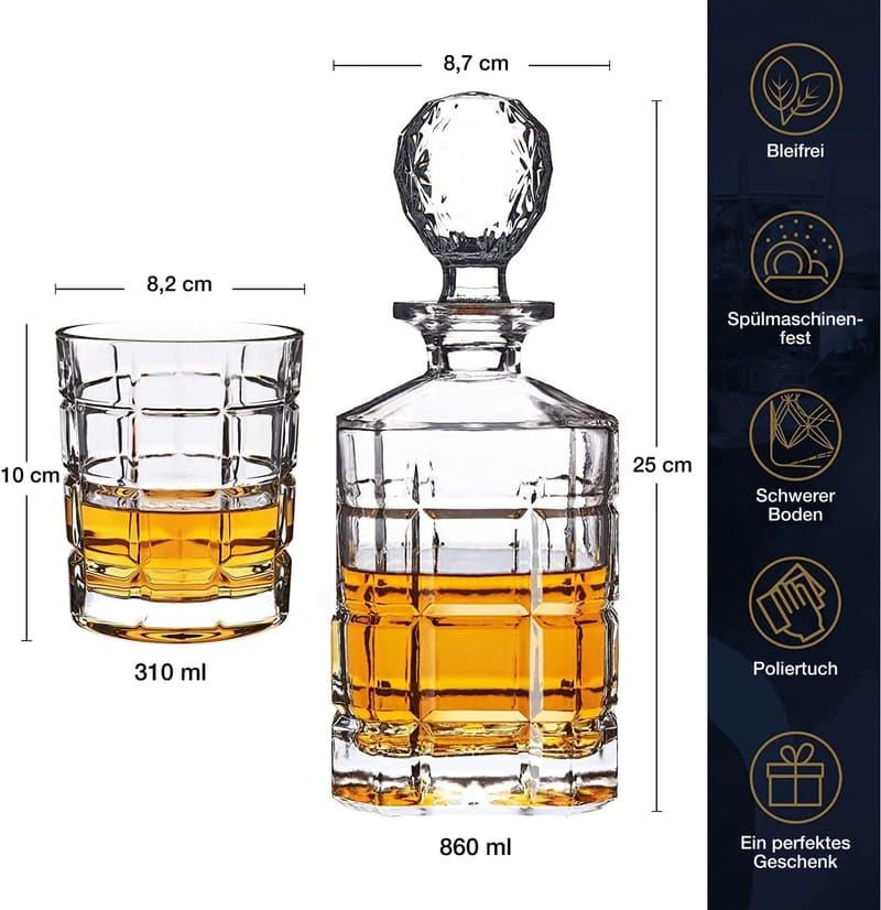 Whisky Dekanter Set aus Kristall mit 4 gravierten Tumblern
