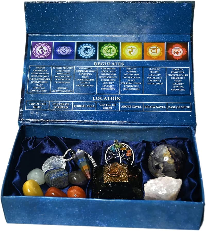 Heilsteine Set für Meditation – 13-tlg. 7 Chakra Trommelsteine mit Amethyst