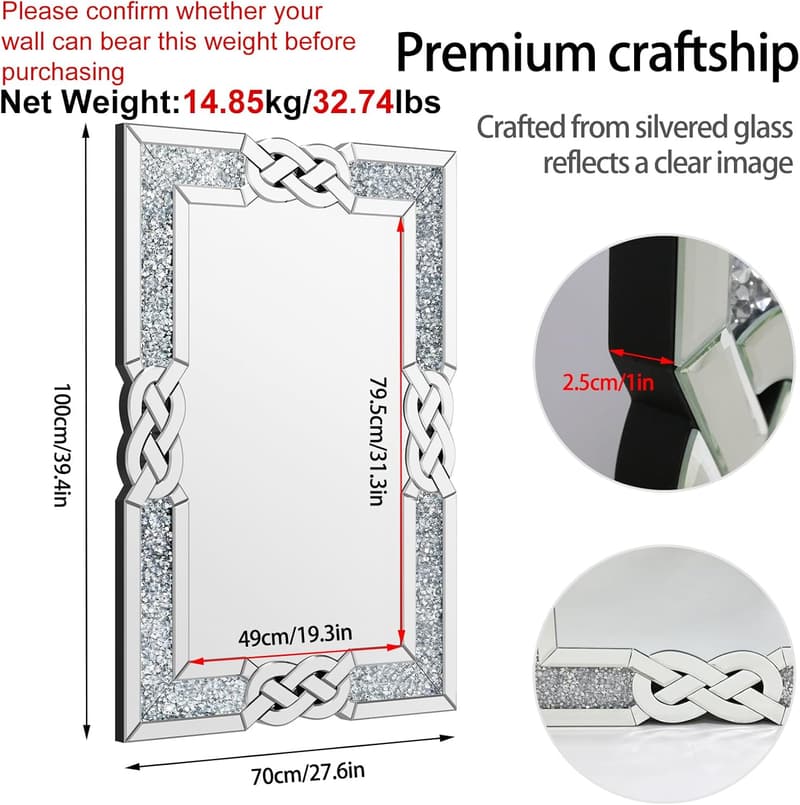 Dekorativer Luxury Kristall Wandspiegel 100×70 cm für Bad und Wohnräume