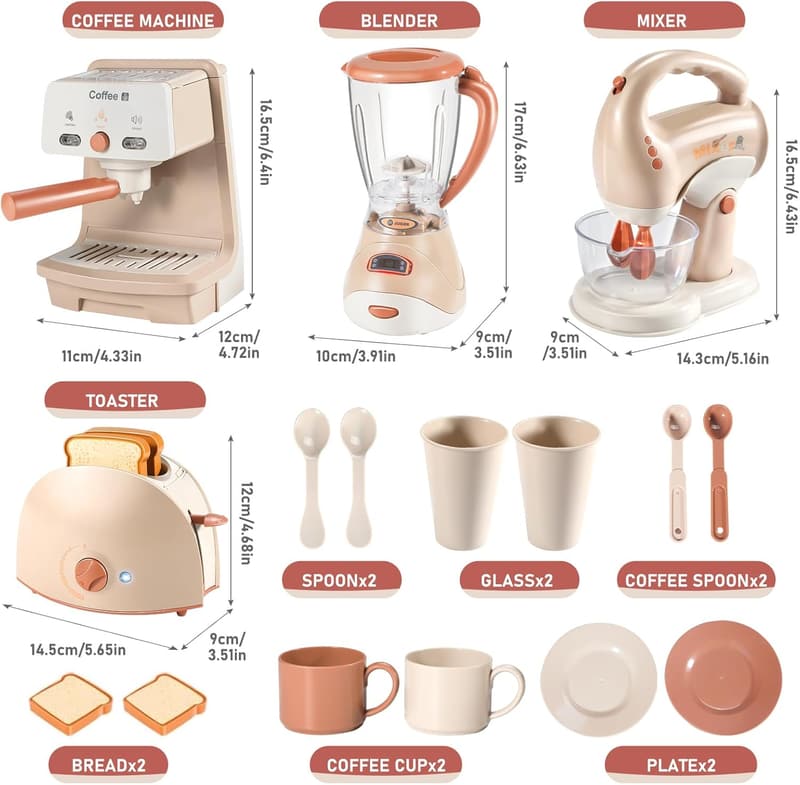 Kinderspielküche Zubehör für 3 Jahre – Kaffee-, Mixer- & Toaster-Set
