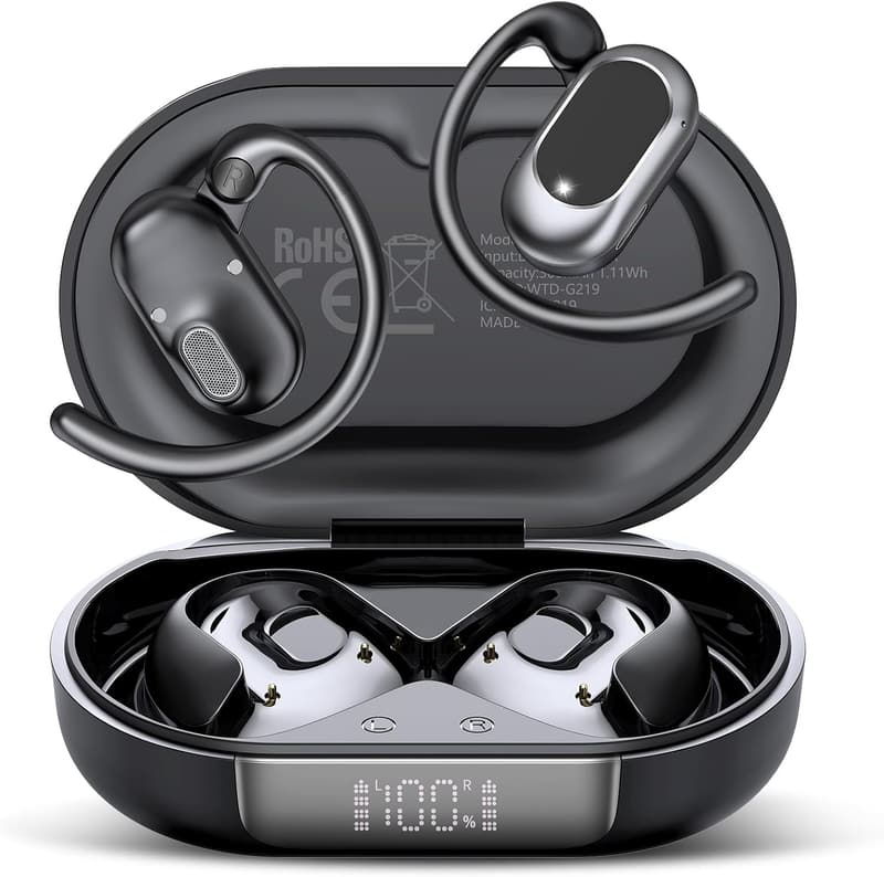 Bluetooth Sportkopfhörer mit verstellbaren Ohrhaken, IP7 wasserdicht, 36H Spielzeit, Schwarz