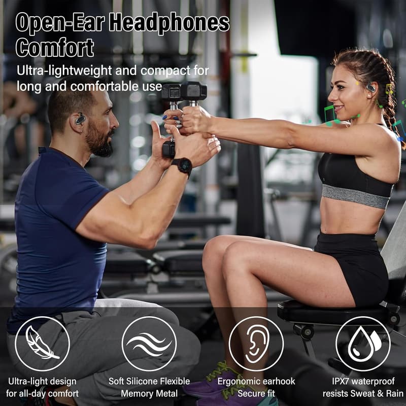 Bluetooth Sportkopfhörer mit verstellbaren Ohrhaken, IP7 wasserdicht, 36H Spielzeit, Schwarz