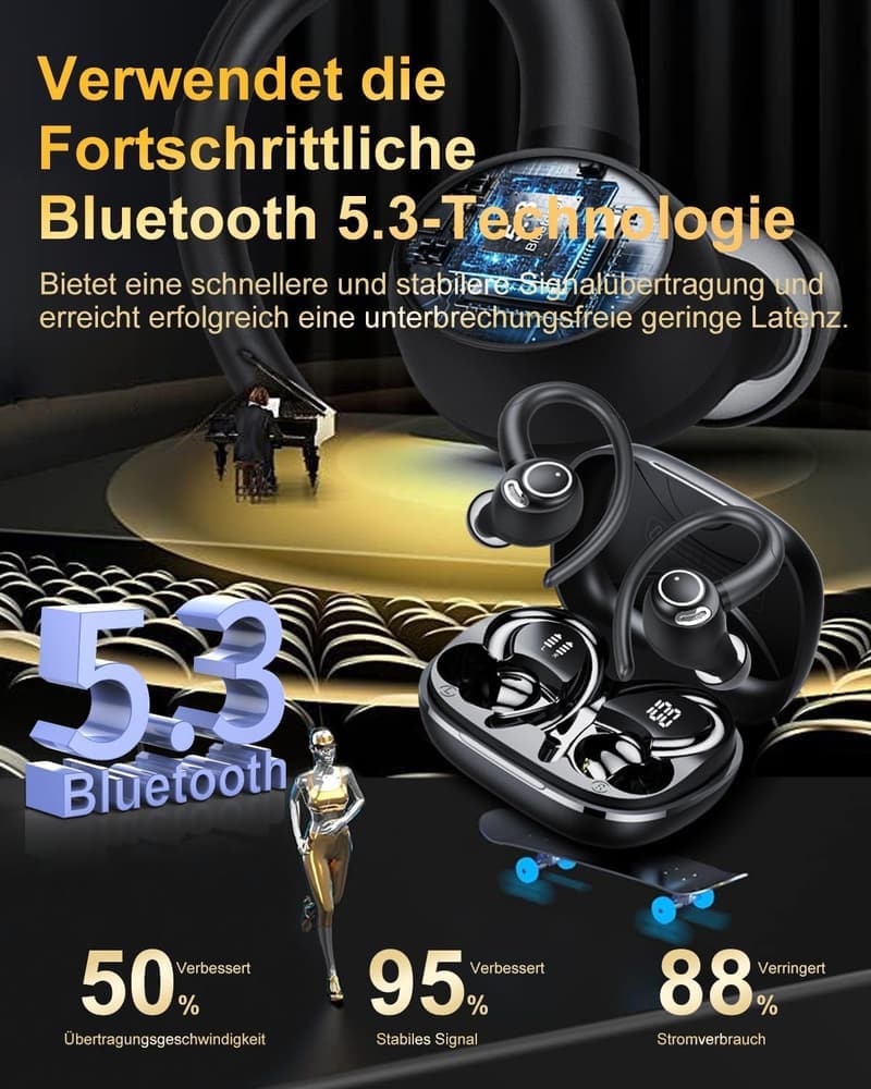 Kabellose Sport-Bluetooth-Kopfhörer mit HD-Mikrofon, 40 Std. Spielzeit, IP7 wasserdicht