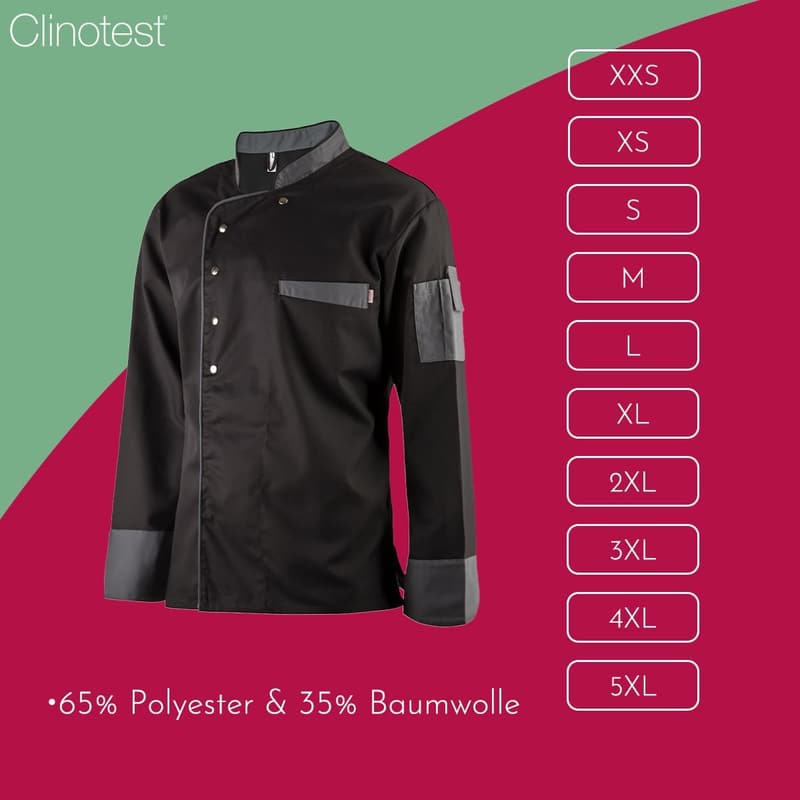 Herren Kochjacke langarm - 95 Grad waschbar, 65% Polyester, 35% Baumwolle