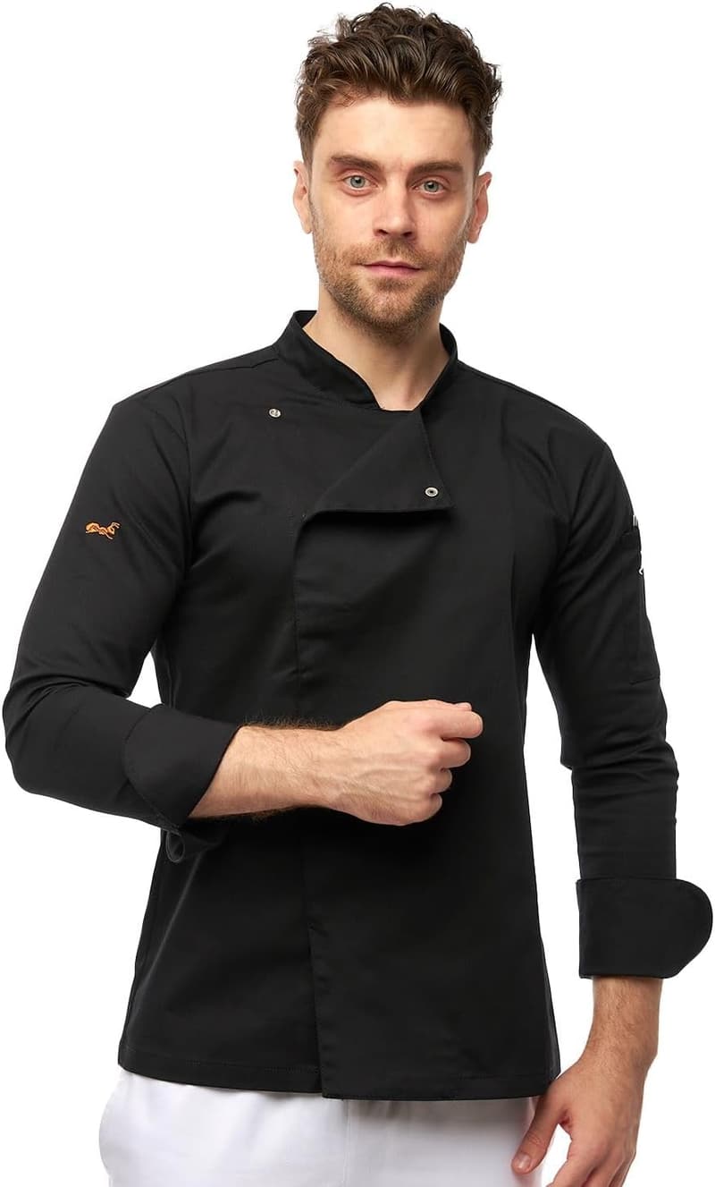 Kochjacke Herren Slim Fit Stretch mit Druckknöpfen – Schwarz/Grau/Weiß
