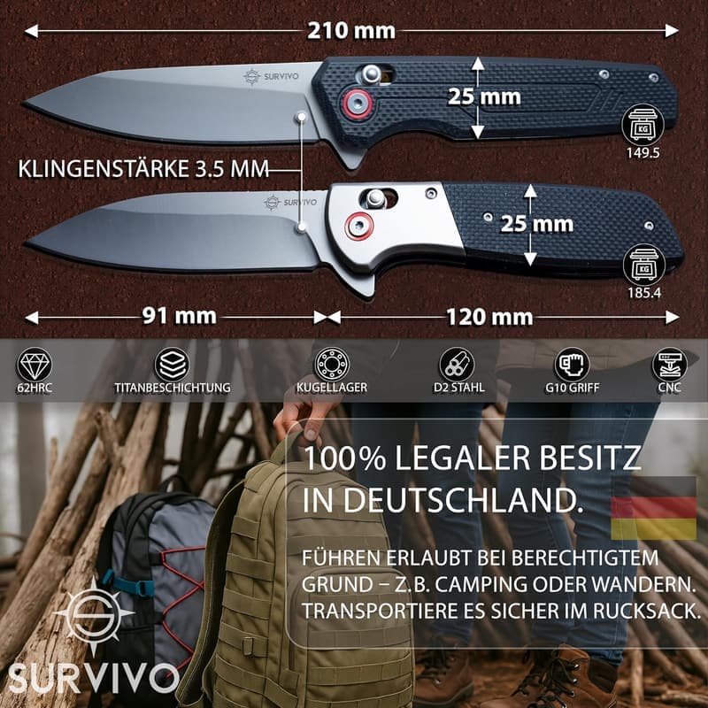 SURVIVO SK1 Klappmesser aus D2-Stahl mit Titan-Beschichtung – Outdoor EDC Messer