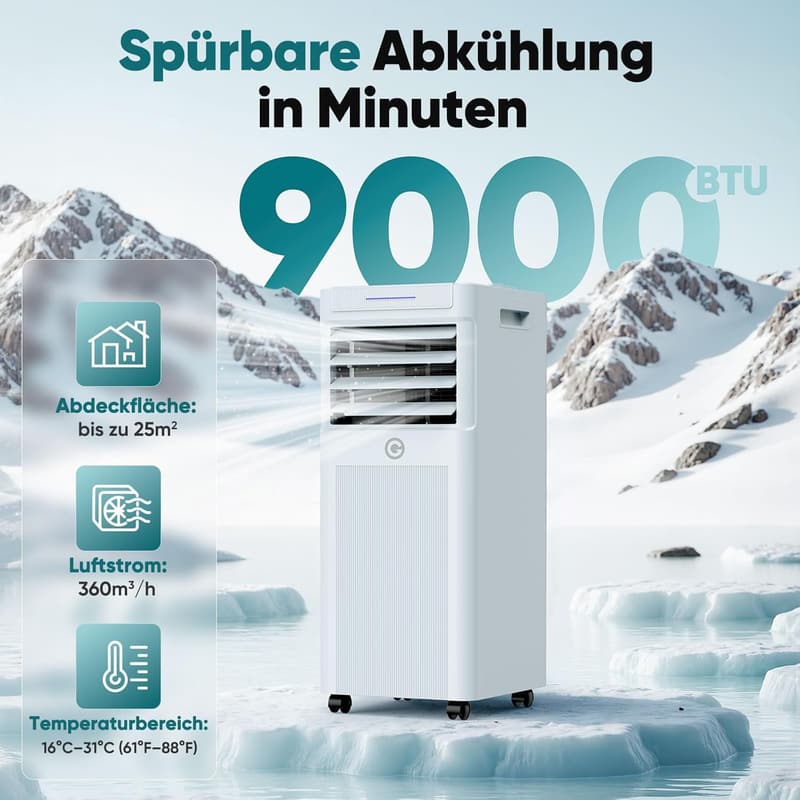 Mobile Klimaanlage 9000 BTU, 3-in-1 mit Fernbedienung & LED-Display