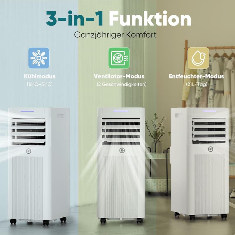Mobile Klimaanlage 9000 BTU, 3-in-1 mit Fernbedienung & LED-Display