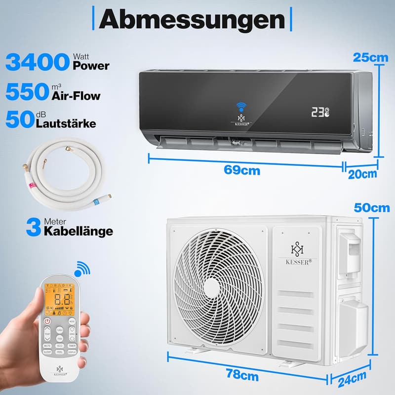 KESSER Split-Klimaanlage 12000 BTU mit WiFi und Montagematerial