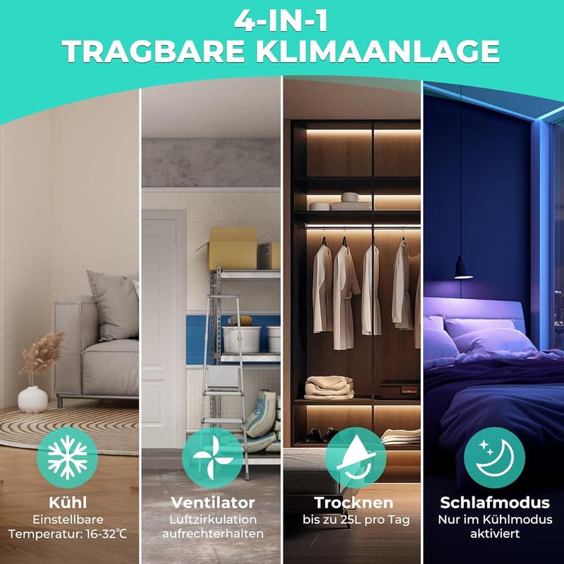 Mobile Klimaanlage 9000BTU 4-in-1 für Räume bis 30 m²