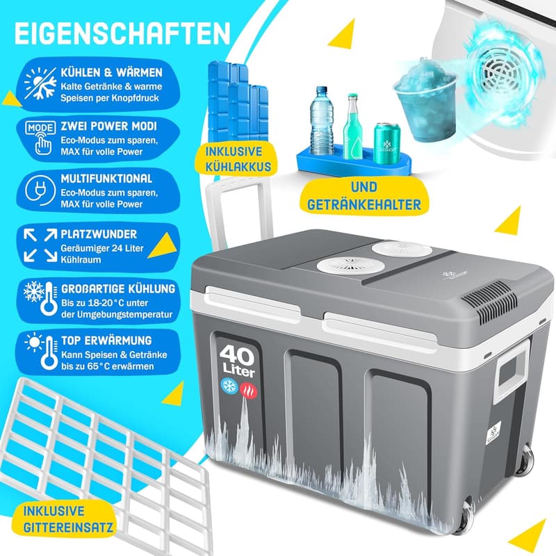 Kühlbox 40L mit Rollen für Auto und Camping | thermo-elektrisch, inkl. Kühlakkus