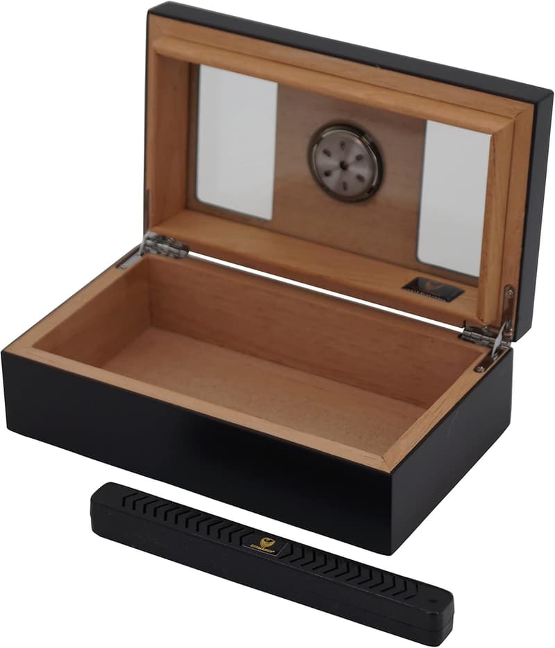 Tragbarer Reisehumidor schwarz mit Befeuchter und Hygrometer