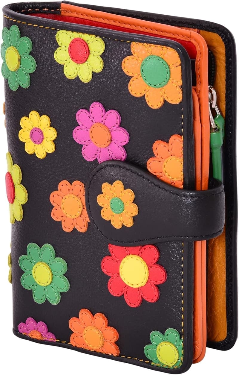 Mehrfarbige Damen Geldbörse aus 100% Leder mit RFID-Schutz - Blumenmuster, 10x14cm