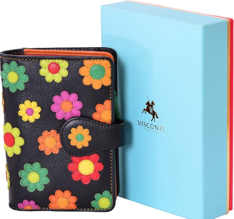 Mehrfarbige Damen Geldbörse aus 100% Leder mit RFID-Schutz - Blumenmuster, 10x14cm