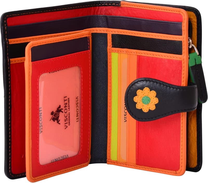 Mehrfarbige Damen Geldbörse aus 100% Leder mit RFID-Schutz - Blumenmuster, 10x14cm